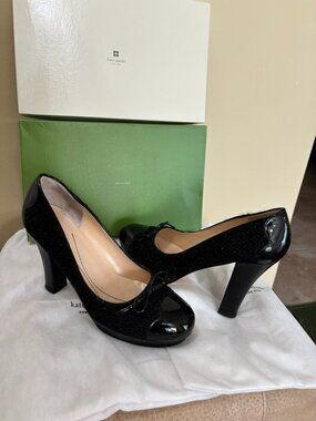 KATE SPADE MARLENA TWEED CHOCOLATE GLITTER PATENT CAP TOE PLATFORM PUMPS